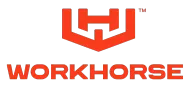 A red and white logo for workhorse on a white background.