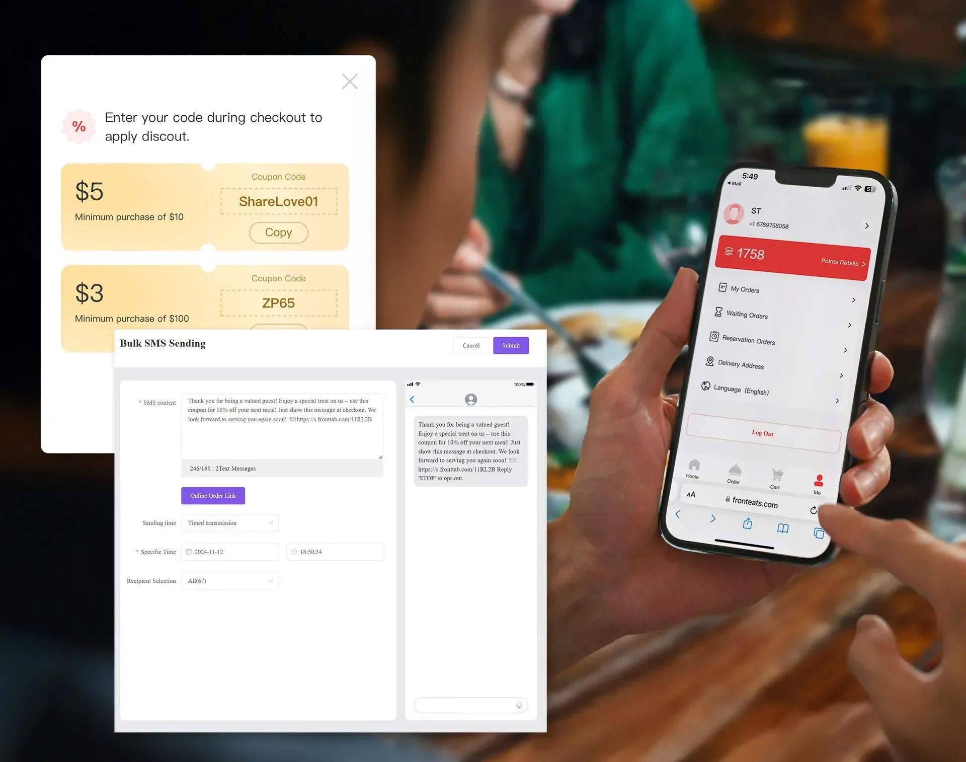 zbs online ordering platform on mobile phone, front eats loyalty membership page. Coupon and promotion interface and bulk sms text notification campaign settings