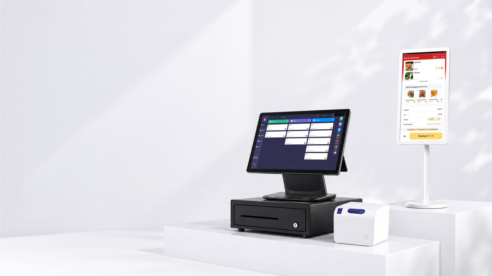 ZBS POS restaurant point of sale system with self-service kiosk and receipt printer
