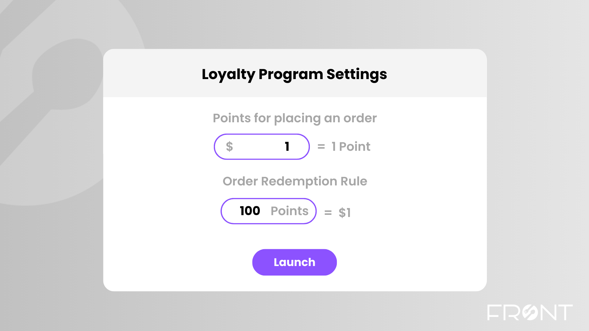 front loyalty program points settings interface from the backend, adjust points for orders and redemption