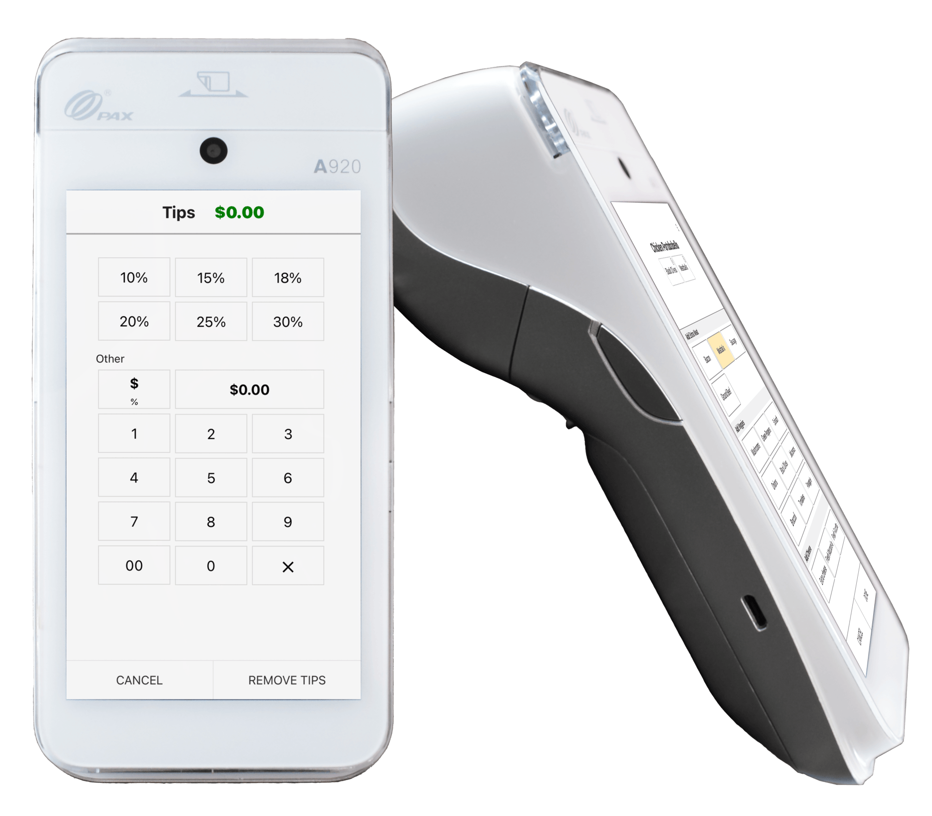 ZBS POS KwickPOS restaurant point of sale 2 handheld POS KwickGo Pax A920 builtin printer and card reader tips interface menu