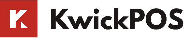 ZBS POS KwickPOS text logo black with red square icon with white text 'K' logo