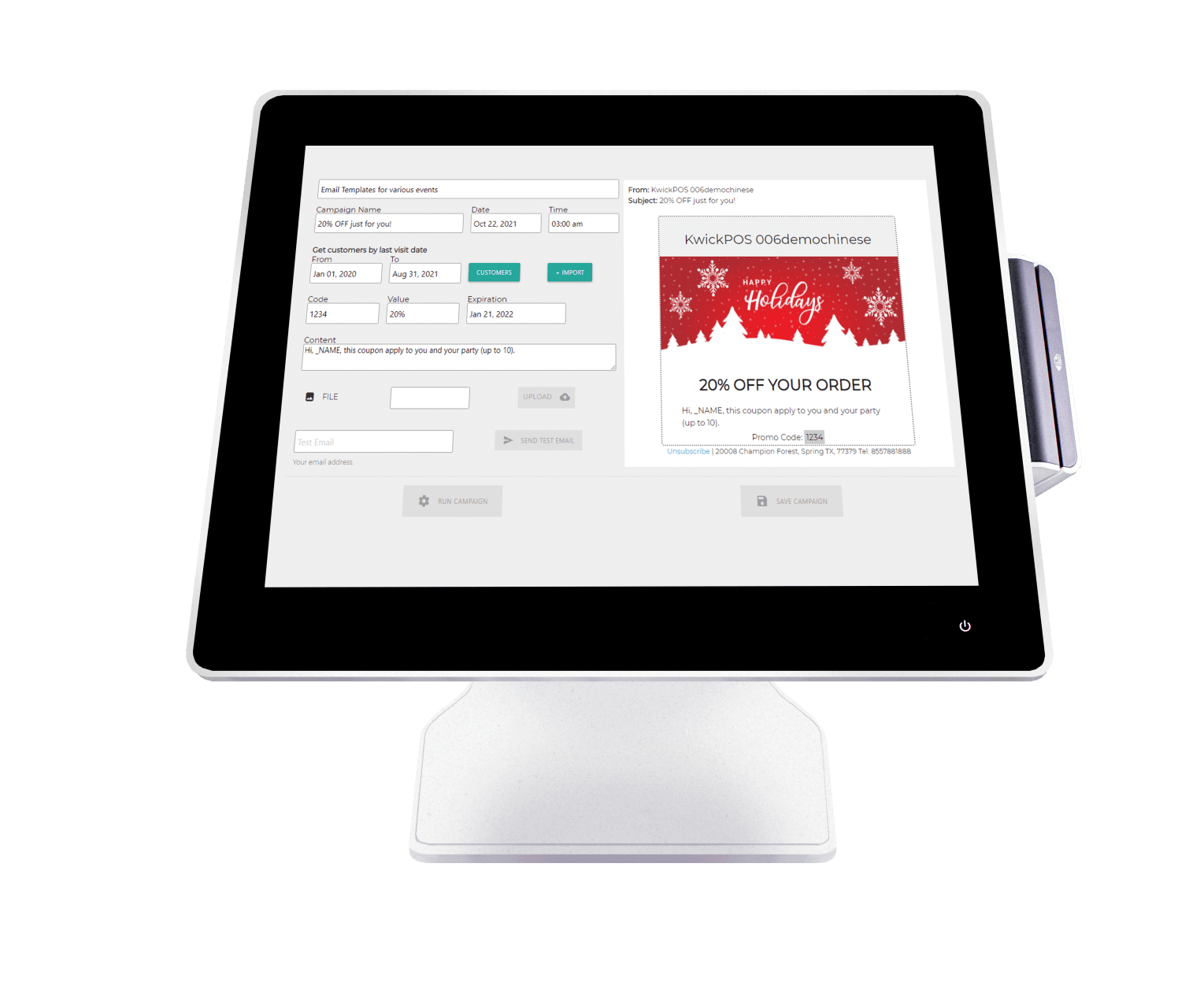ZBS POS KwickPOS restaurant point of sale loyalty program interface on pos back office tools email text message ad campaign