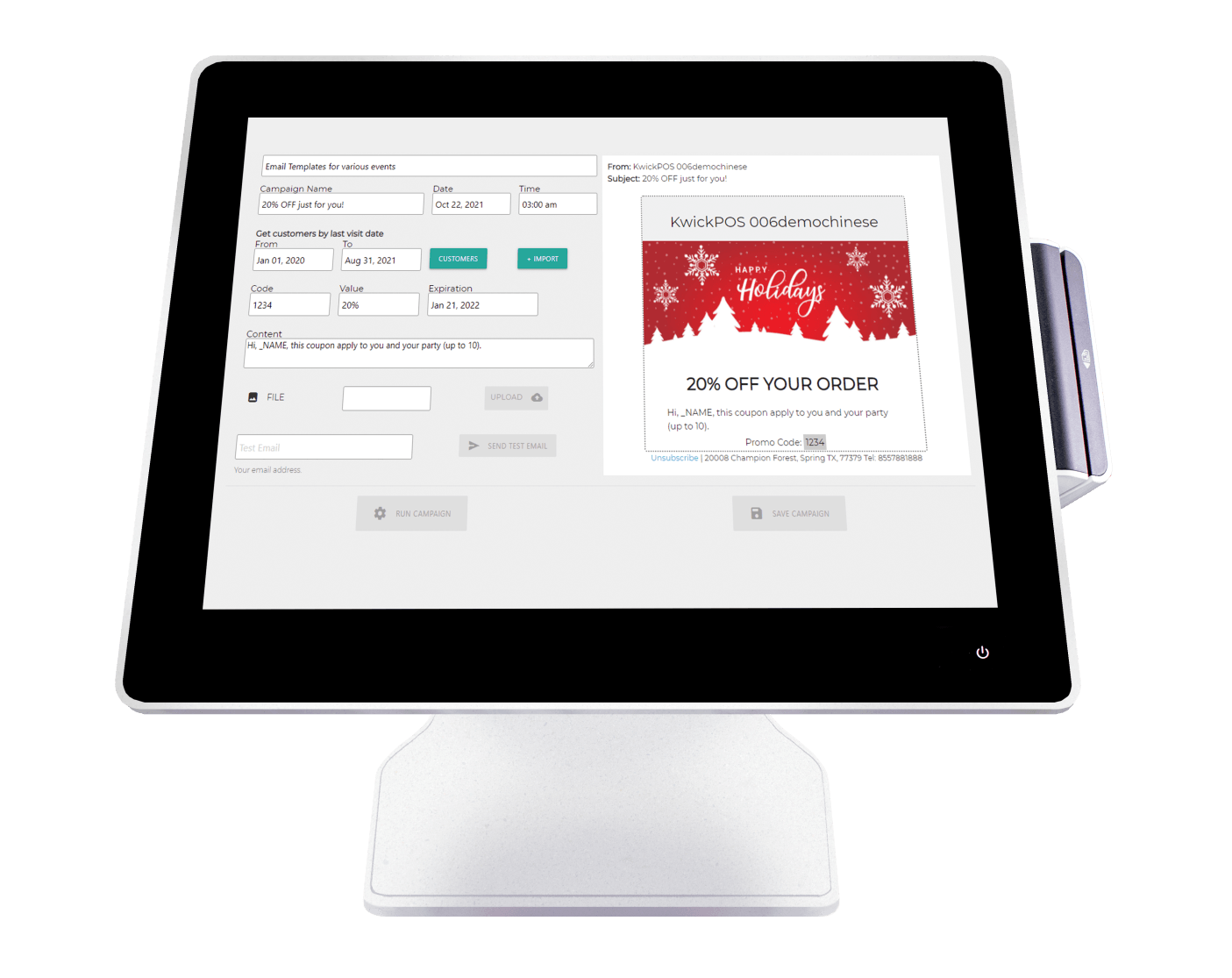 ZBS POS KwickPOS restaurant point of sale loyalty program interface on pos back office tools email text message ad campaign