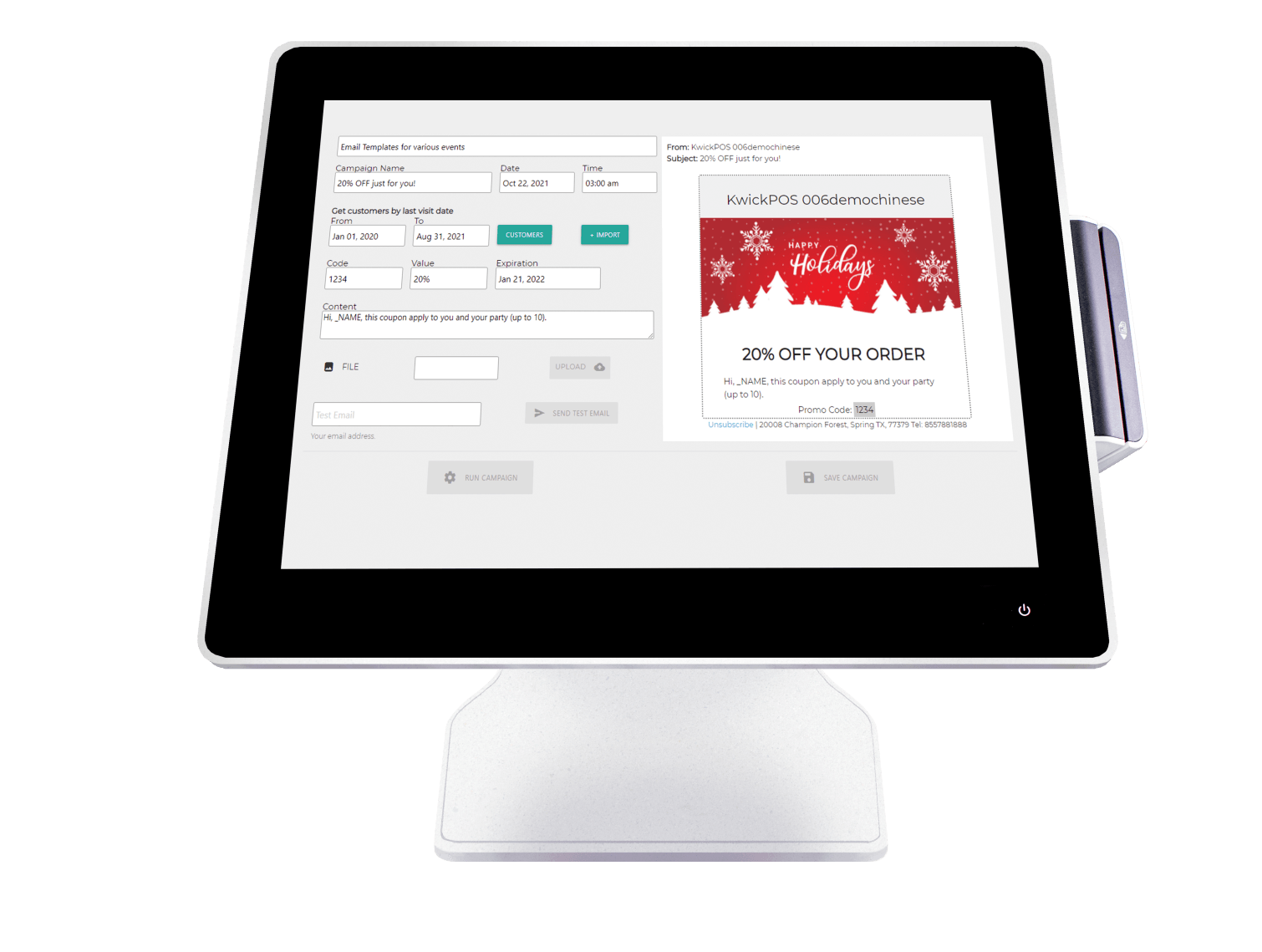 ZBS POS KwickPOS restaurant point of sale loyalty program interface on pos back office tools email text message ad campaign