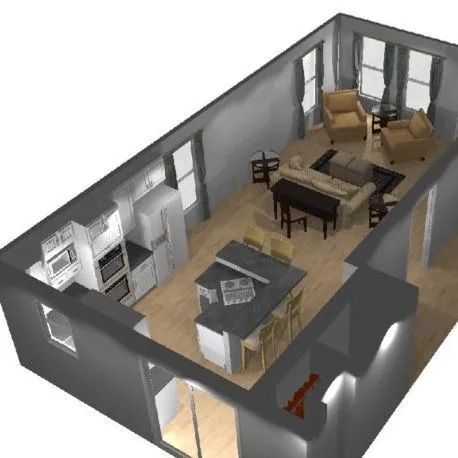 An aerial view of a living room and kitchen