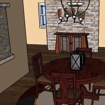 A drawing of a dining room with a round table and chairs