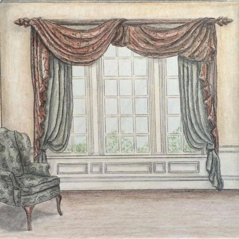 A drawing of a living room with curtains and a chair