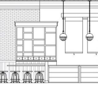 A black and white drawing of a kitchen with stools and shelves.