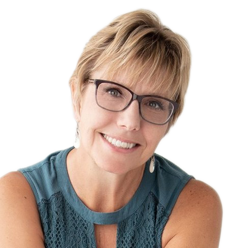 A woman wearing glasses and a blue tank top is smiling.