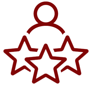 A red icon of a person holding three stars.