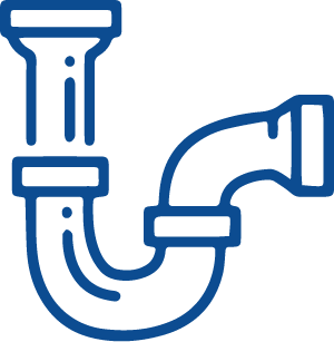 A blue line drawing of a plumbing pipe on a white background.