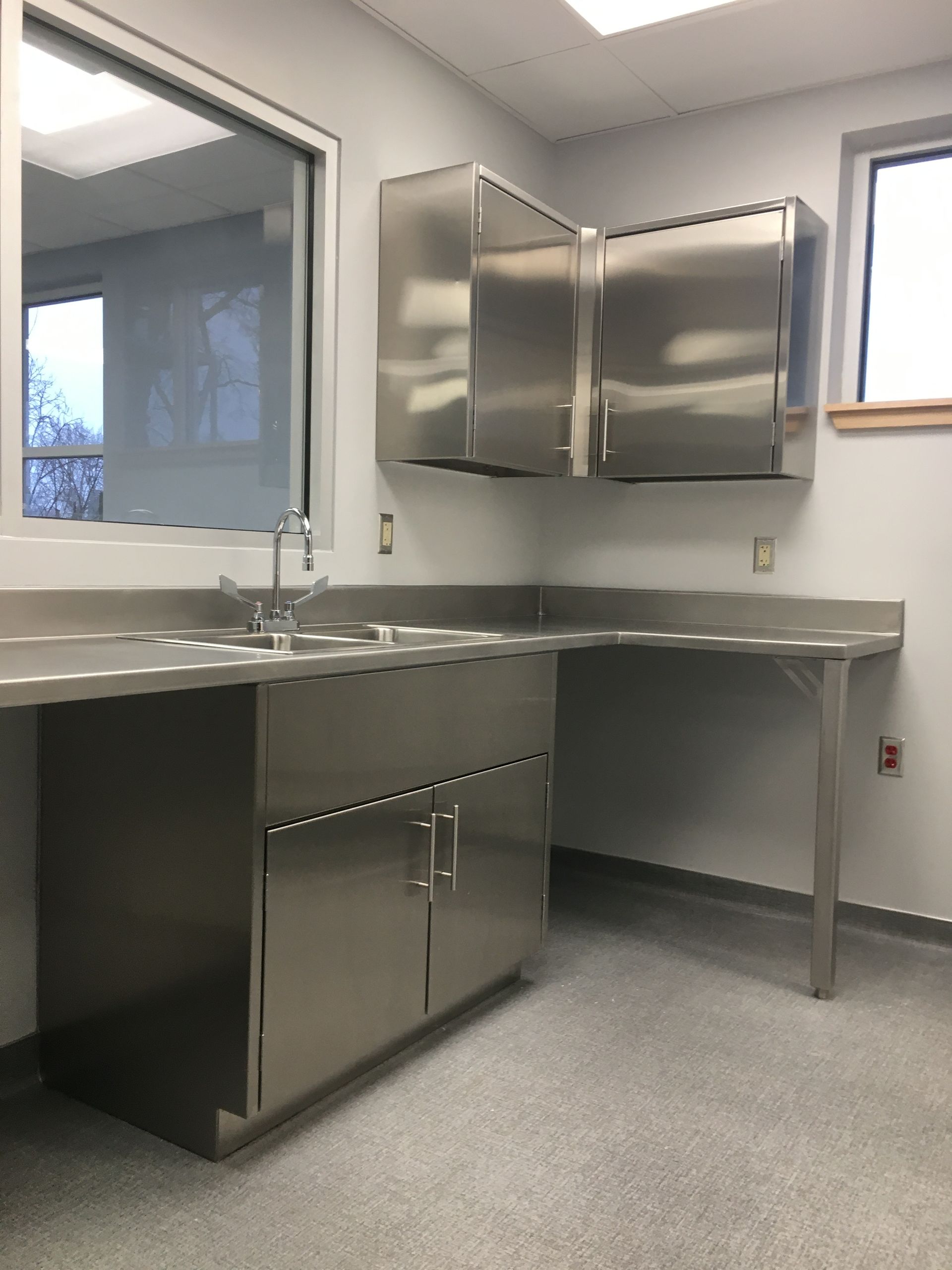 A kitchen with stainless steel cabinets and a sink