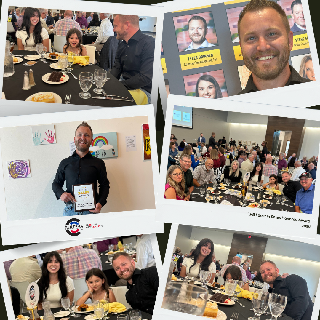 Collage of Tyler Drinnen, Service Account Manager at Central Consolidated, celebrating the WBJ Best