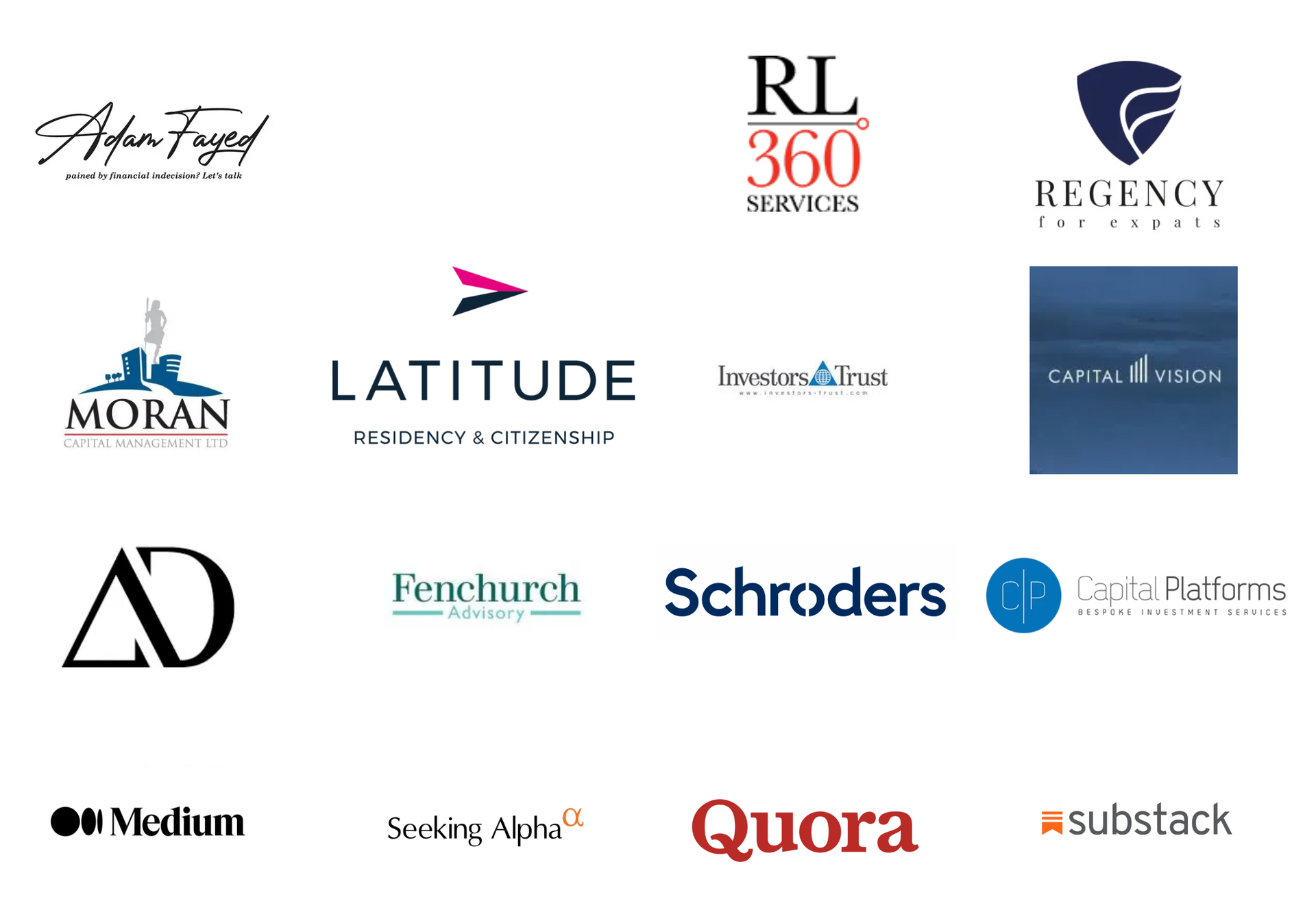 Logos of various companies including Arfen Fayed, Schroders, and Quora, in a grid layout.