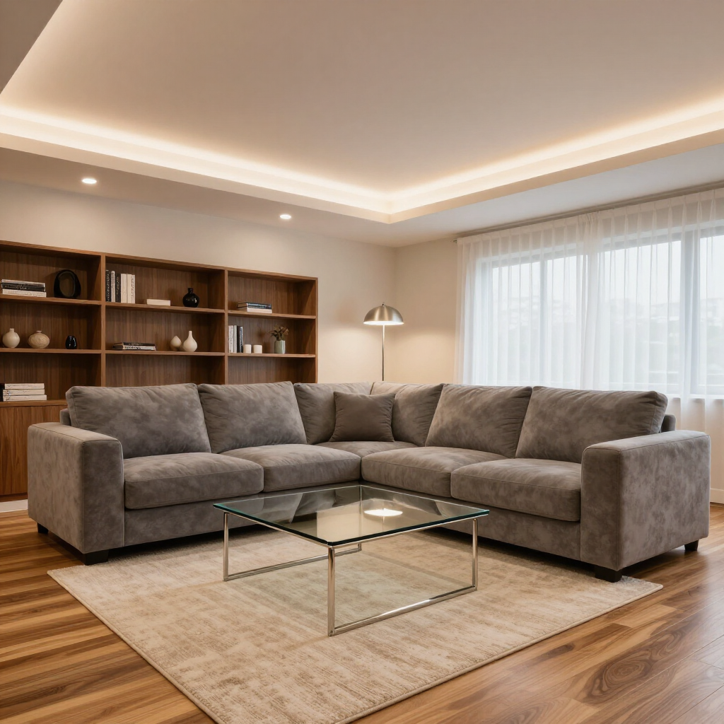 A grey sectional sofa with a glass coffee table on a beige rug, in front of a wooden bookshelf and a large window.