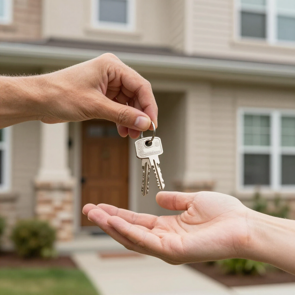 Handing over house keys in front of a suburban home