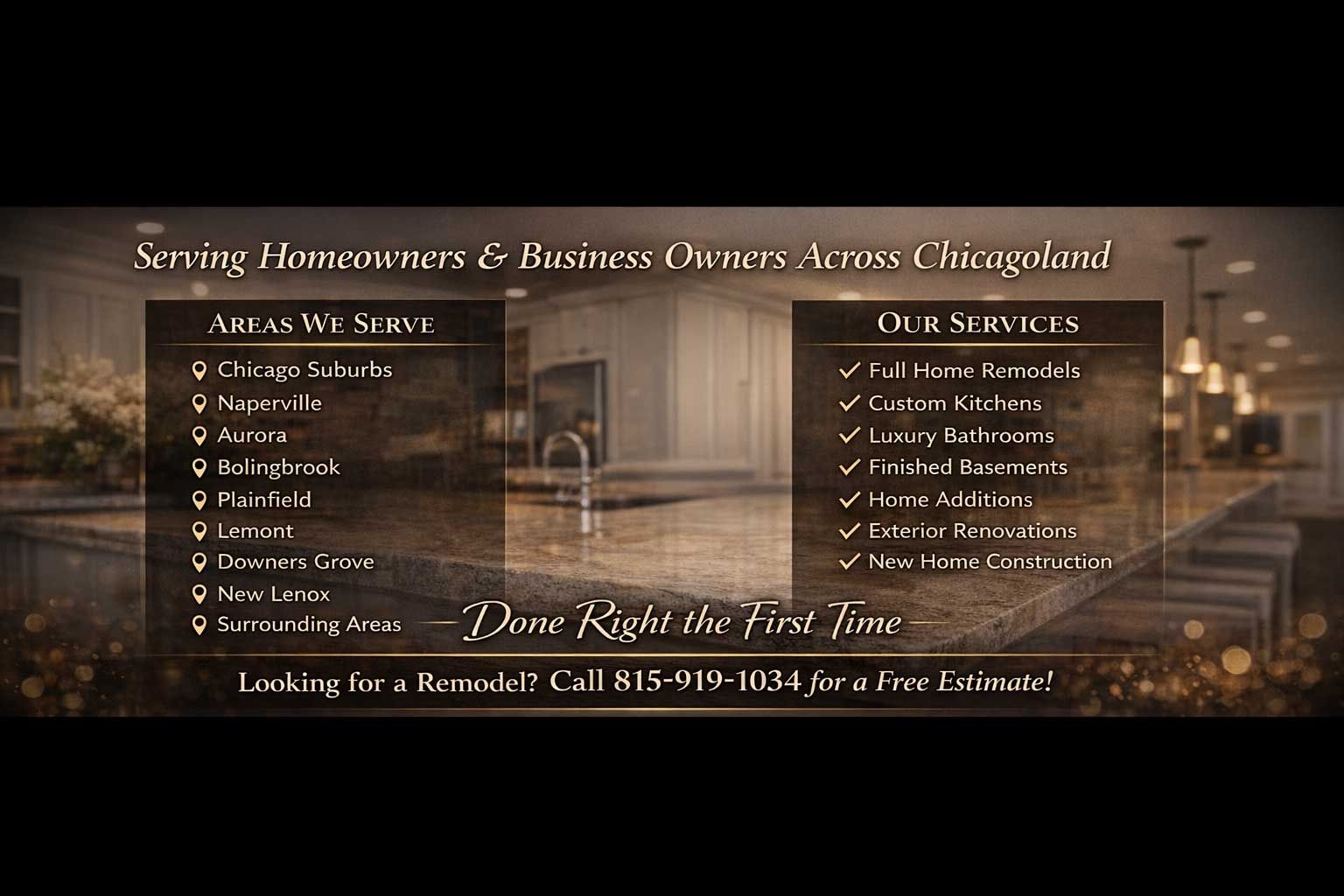 Business owner services flyer over kitchen background with service lists and booking contact info.