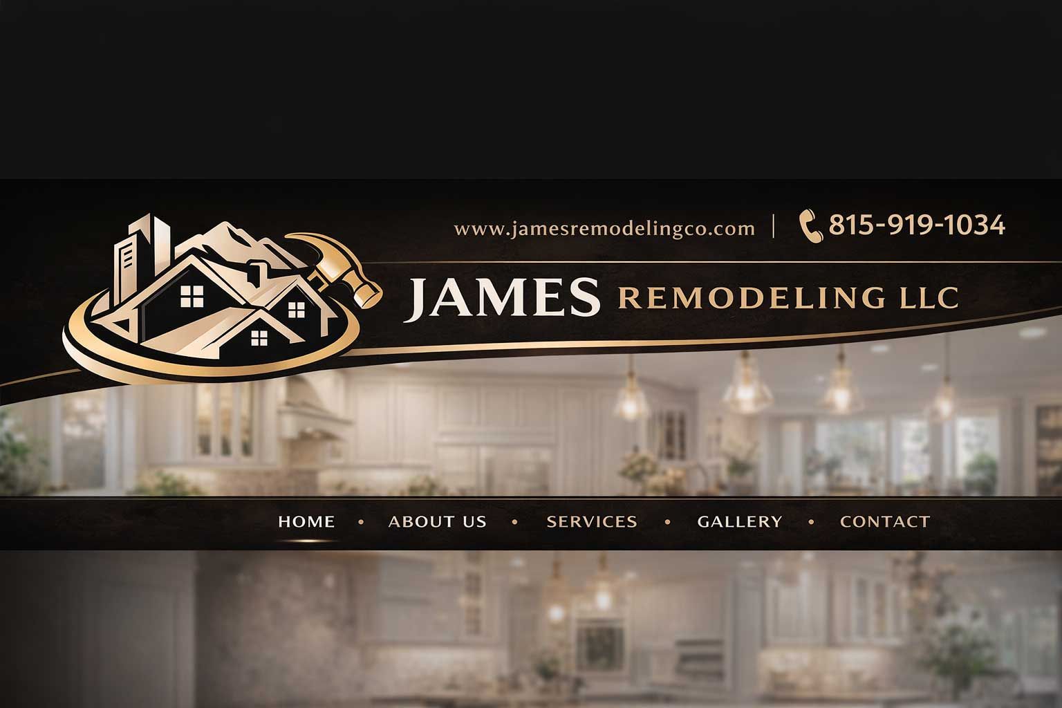 James Remodeling LLC website banner with house logo, contact number, and navigation over a home remodeling background