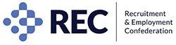 The rec recruitment and employment confederation logo is blue and black.