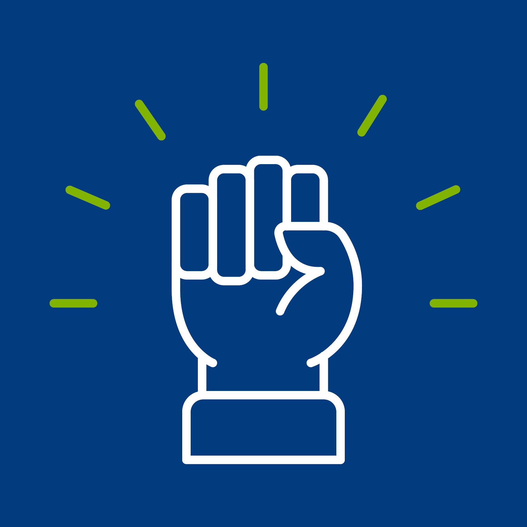 A white line icon of a fist on a blue background.