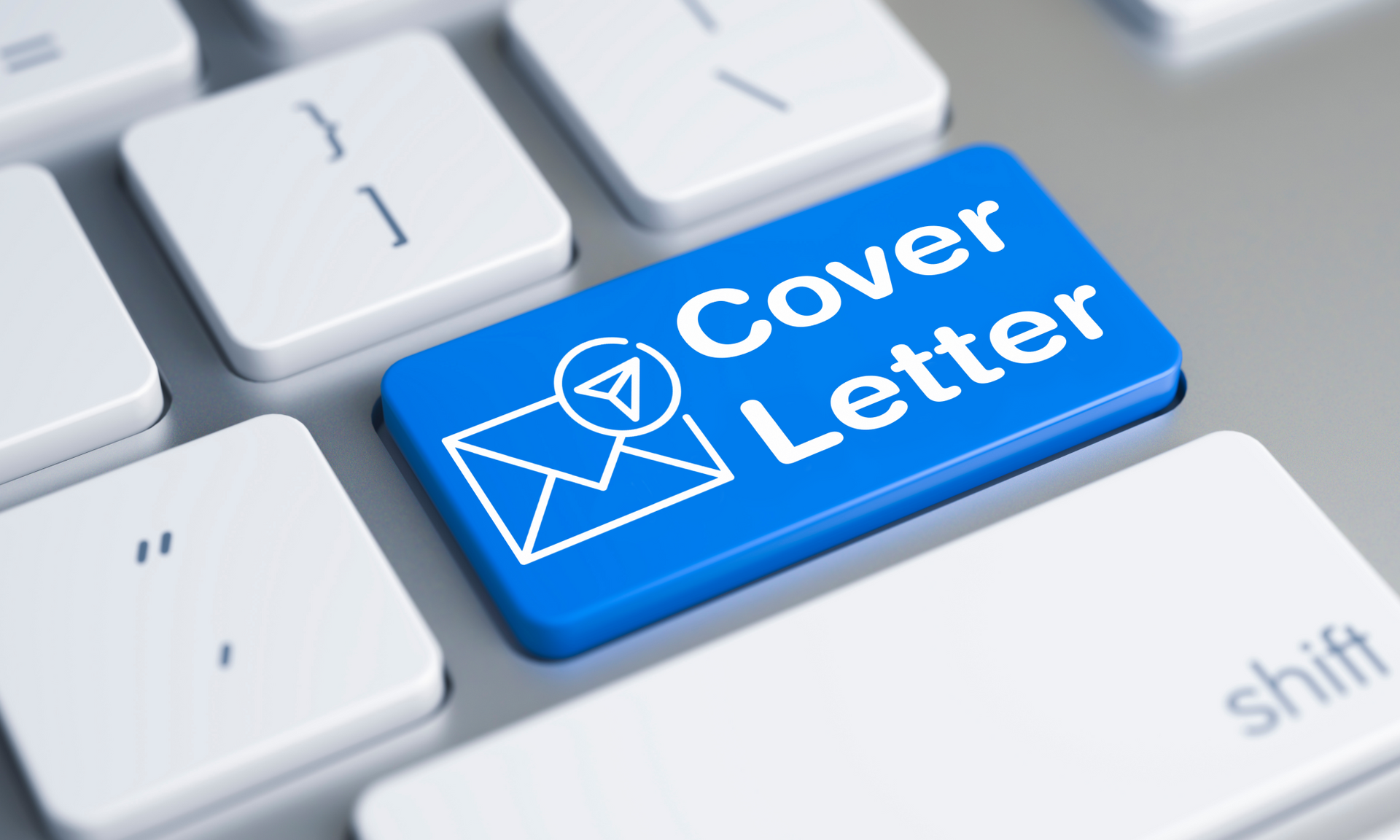 A keyboard with a blue button that says cover letter