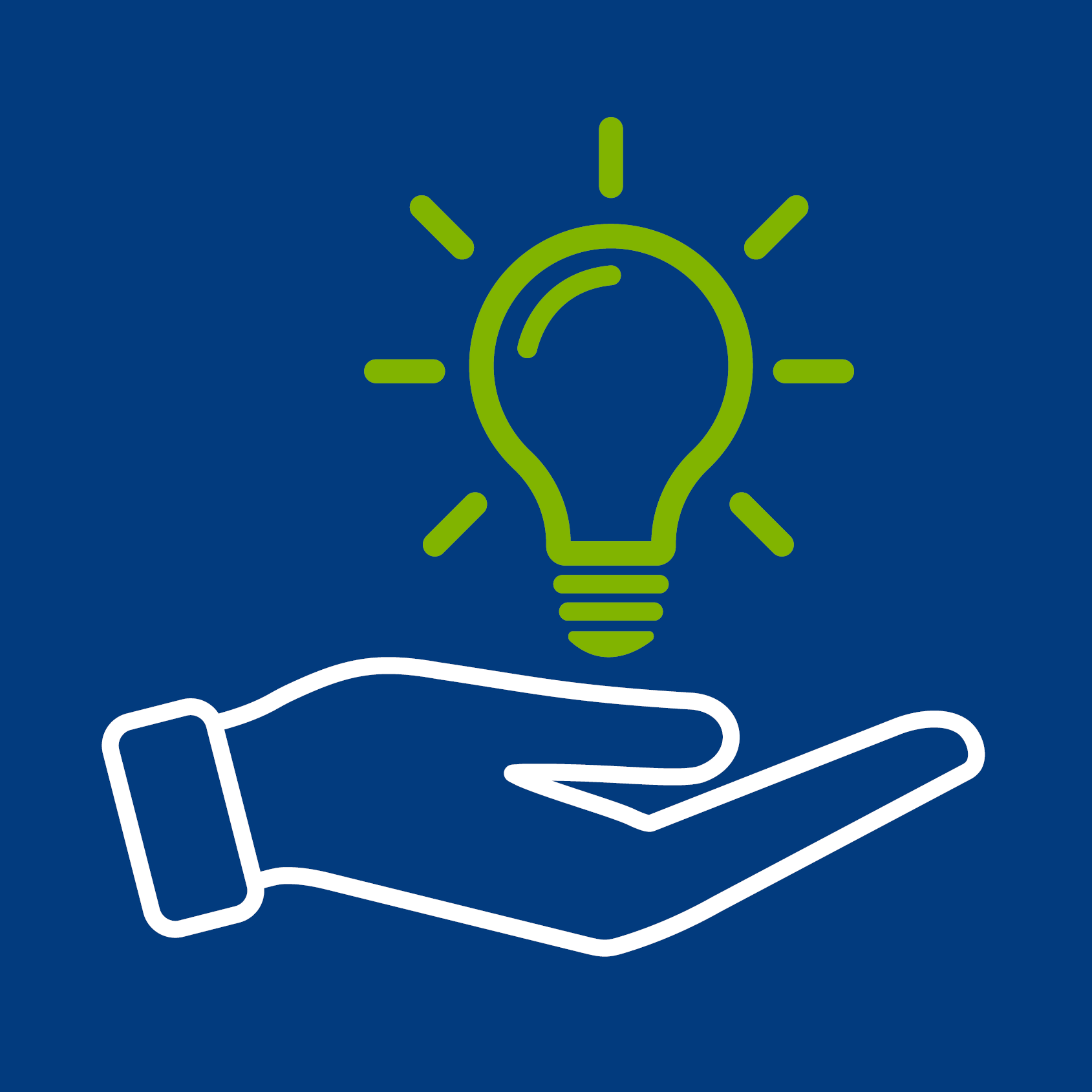 A hand is holding a light bulb on a blue background.