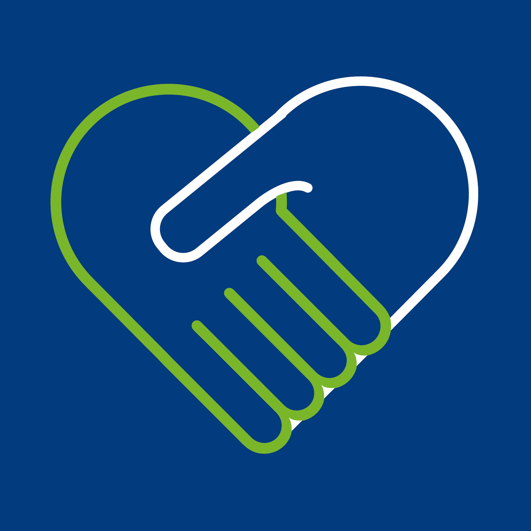 A handshake in the shape of a heart on a blue background.