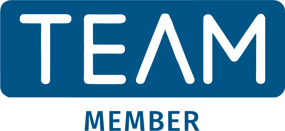 A blue and white team member logo on a white background.