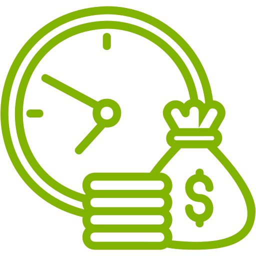 A clock with a bag of money next to it.
