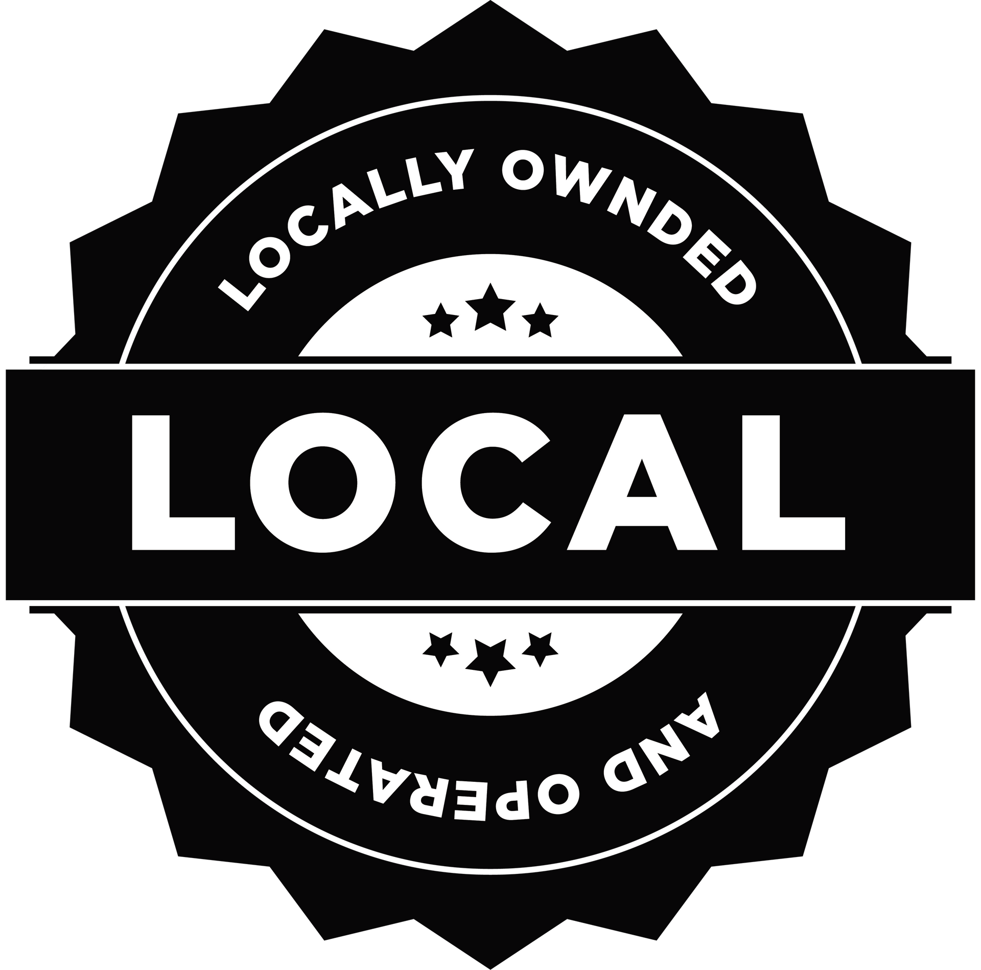 Black and white "Local" badge with text "Locally Owned and Operated" and stars.