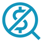 Blue magnifying glass over a dollar sign with a diagonal slash, indicating no money or financial search