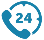 Blue 24-hour customer support icon with phone handset and circular arrows