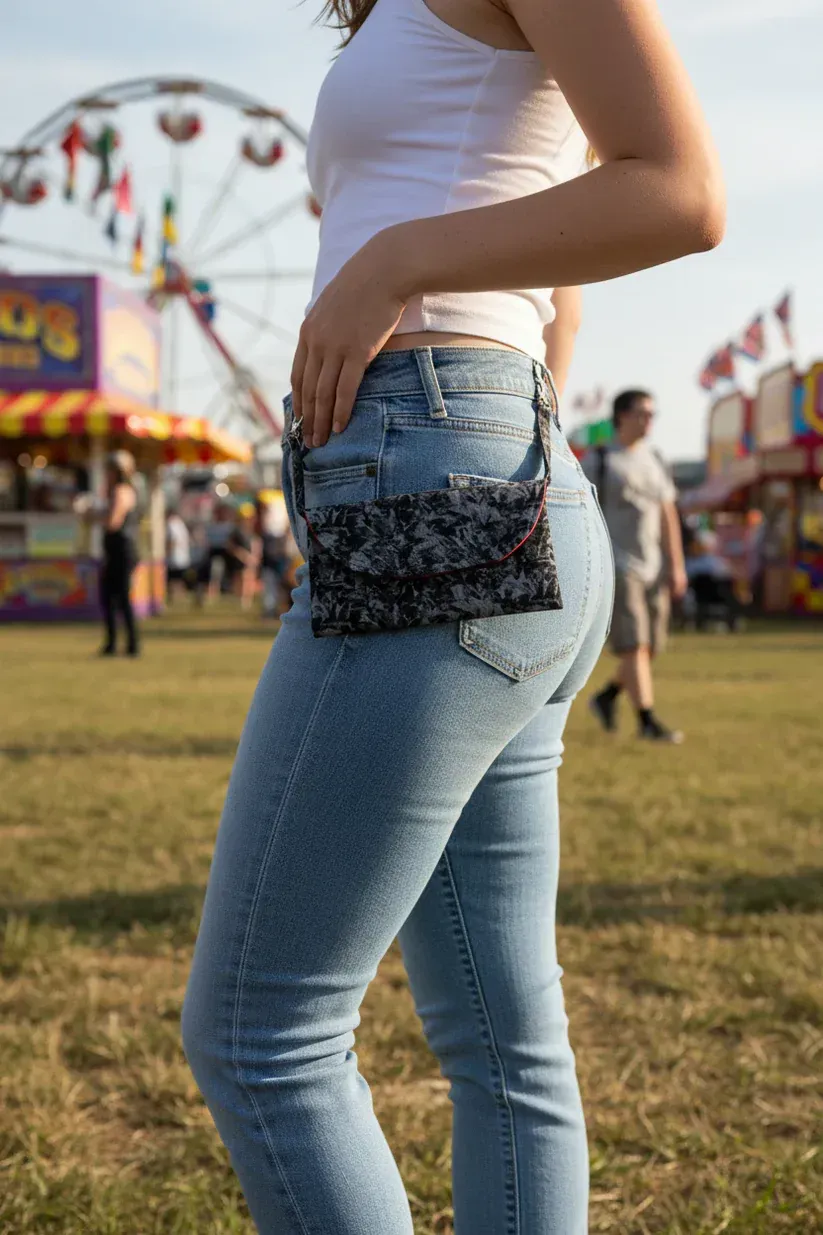 Person in a white top and jeans standing at an outdoor fair with a ferris wheel in the background