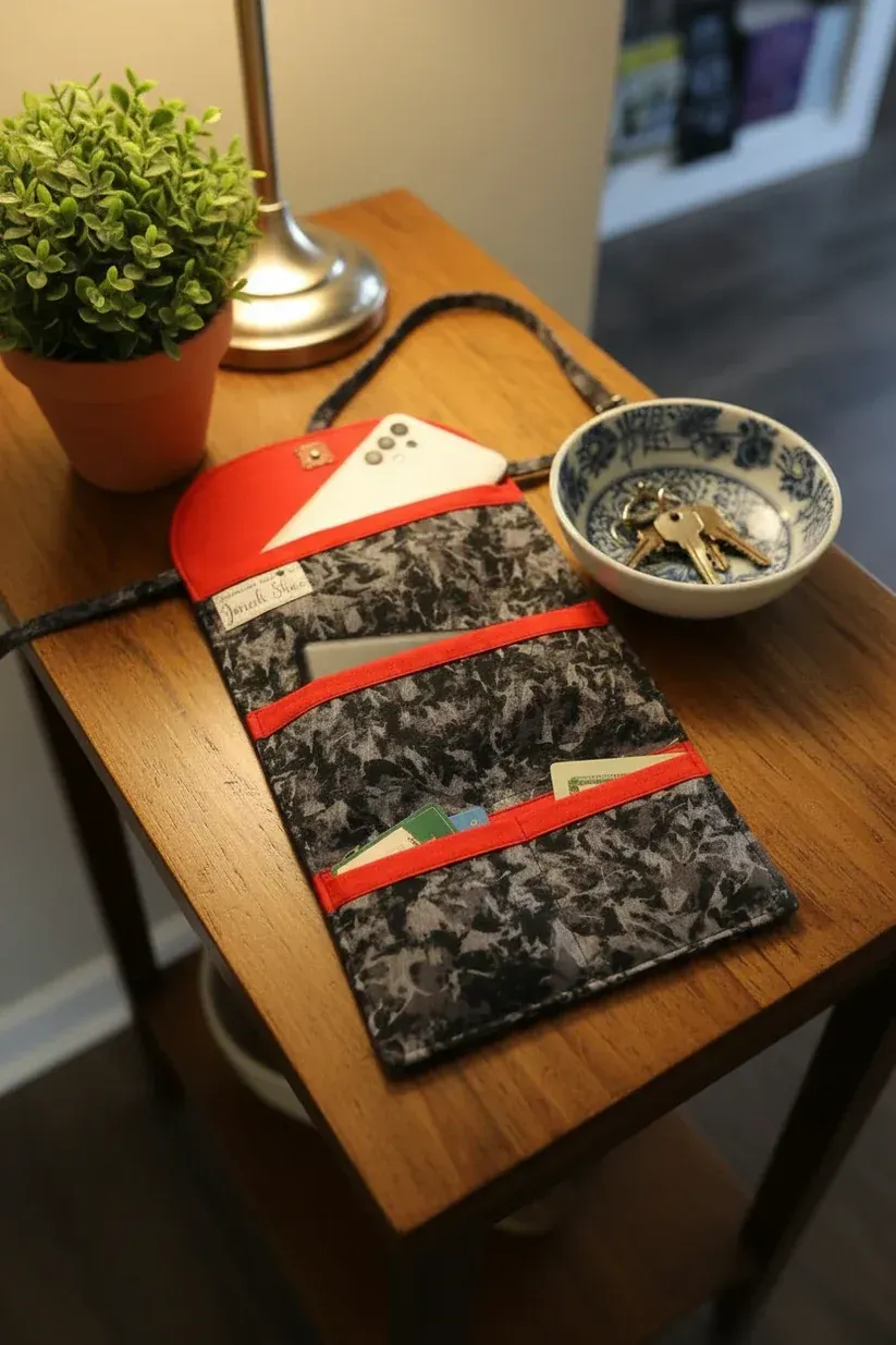 Notebook on a wooden table beside a potted plant and a bowl, with red and black patterned cover
