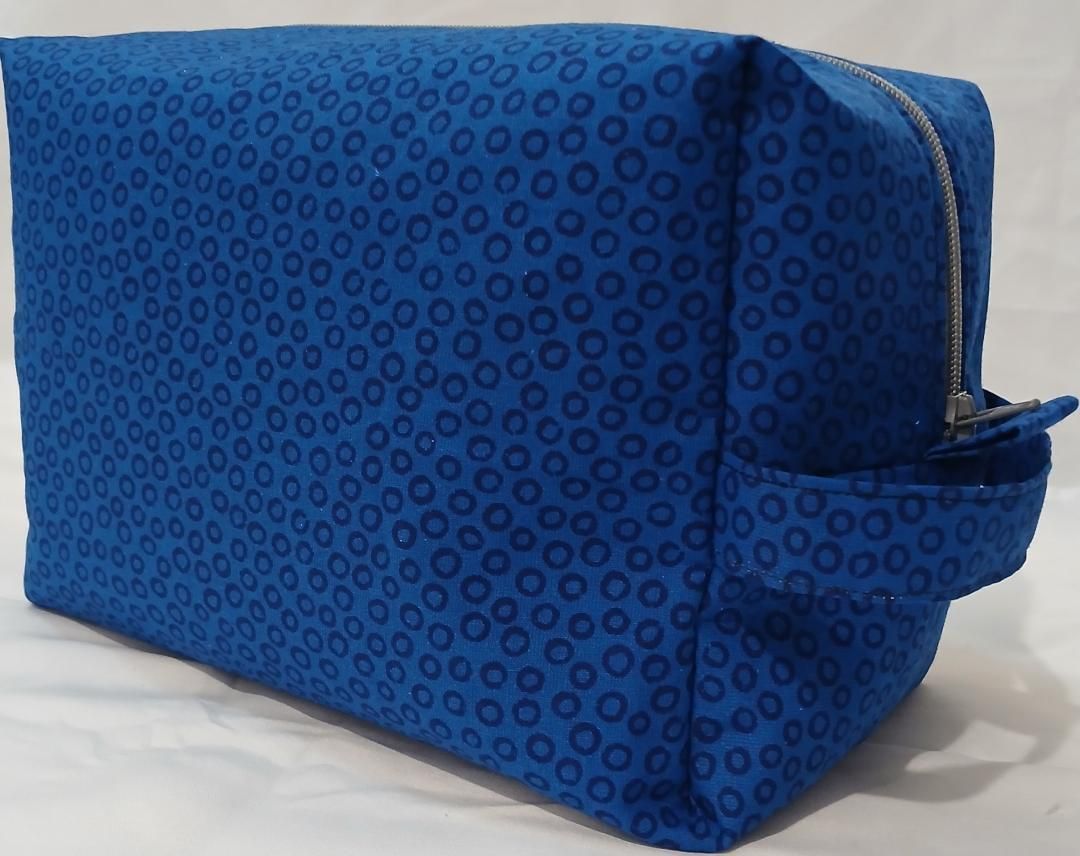 Blue patterned padded case or bag on a white surface, shown from the side with an open flap.