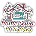 Logo reading “H&T home sewn treasures” with a sewing machine and scissors in burgundy, teal, and gold.