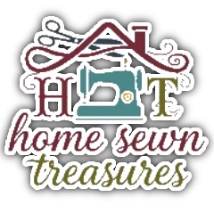 Logo reading &ldquo;H&T home sewn treasures&rdquo; with a sewing machine and scissors in burgundy, teal, and gold.