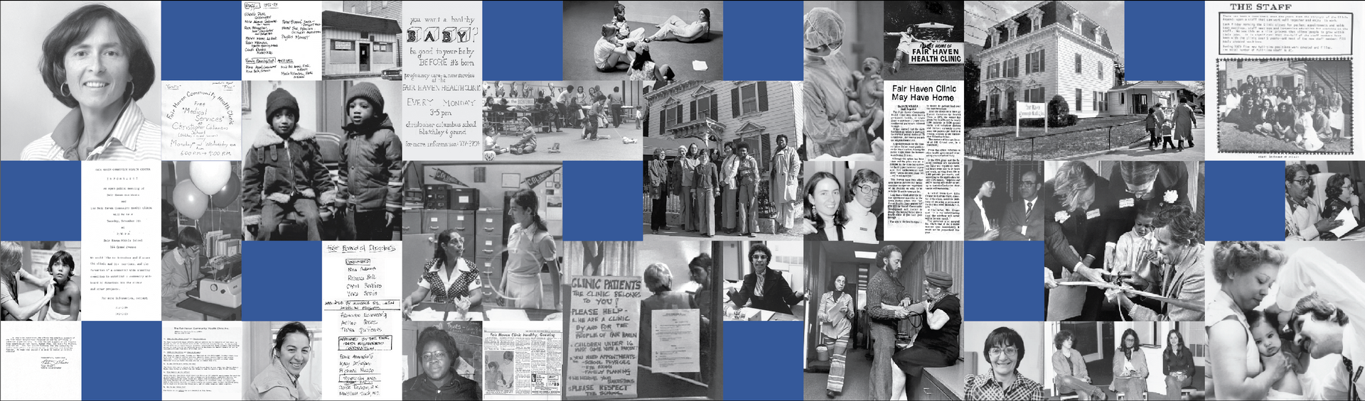 Black-and-white collage of photos and documents with blue squares, showing people, buildings, and historic scenes