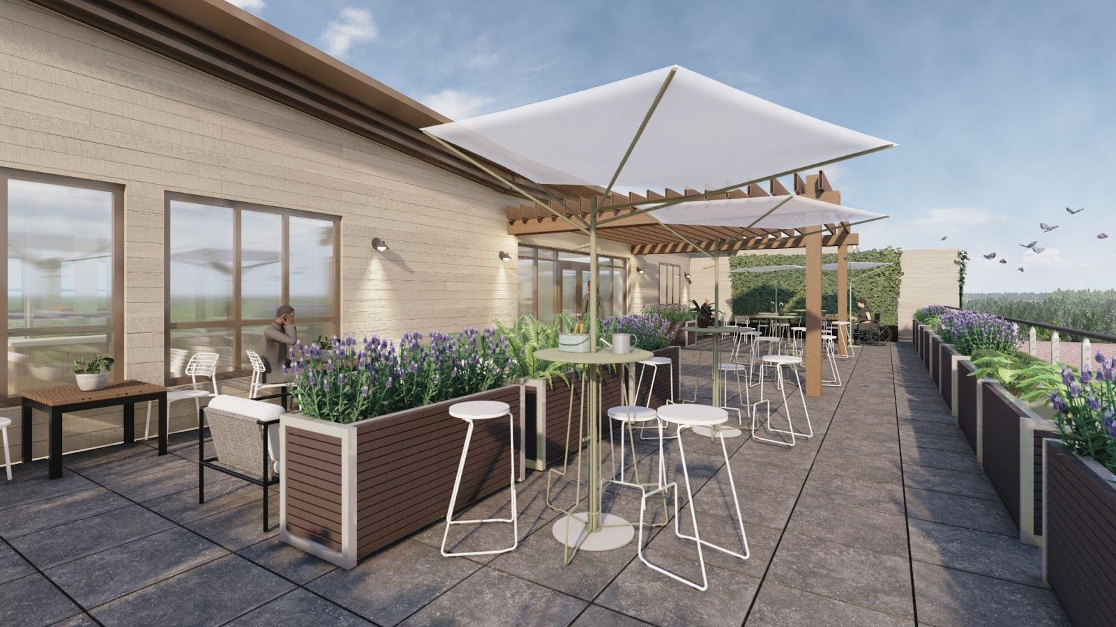 Computer rendering: Outdoor rooftop terrace with tables, chairs, planters, and a pergola beside a brick building.