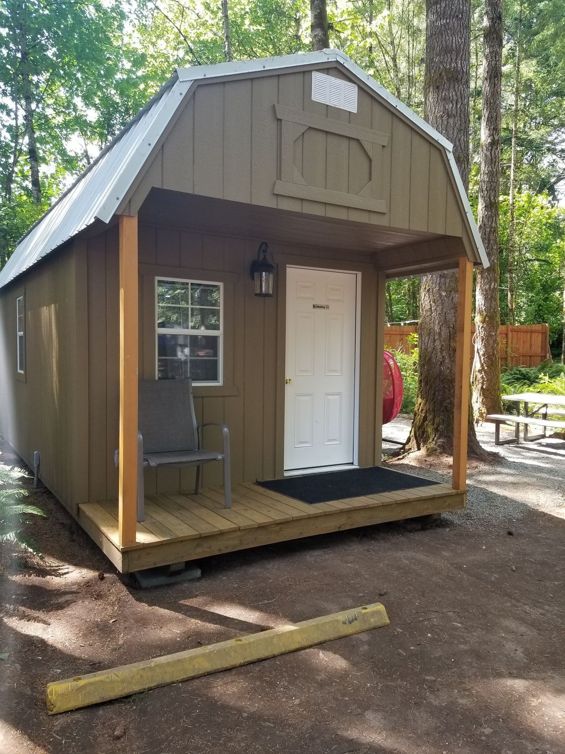 Small brown cabin with white door and porch, set among trees on a dirt lot.