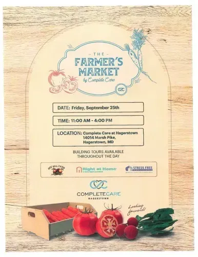 Farmers market flyer with date, time, location, and fresh produce on a rustic background