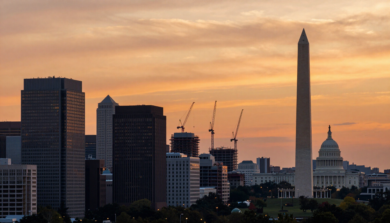City skyline with construction cranes
