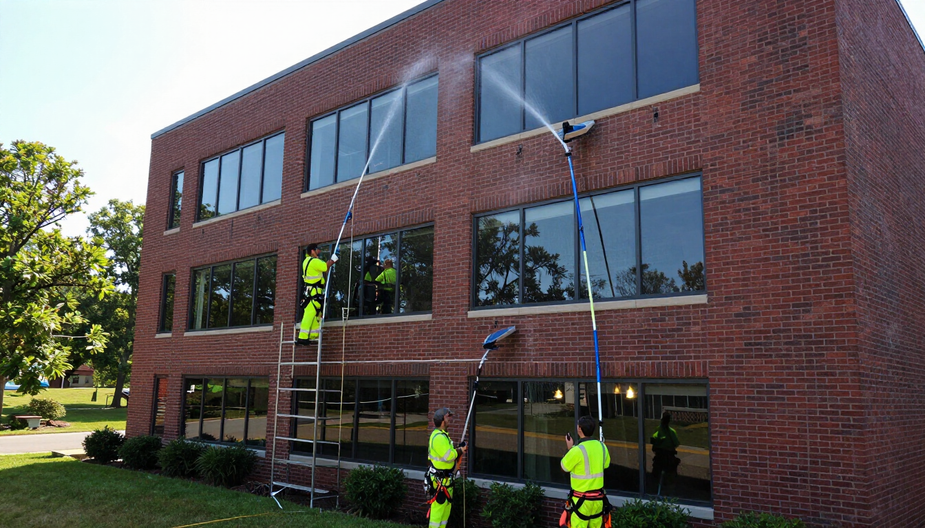 Commercial window cleaning crew working on a modern office building in Virginia