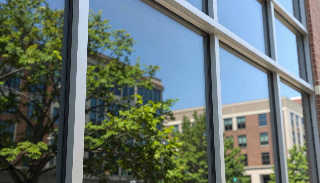 A sparkling clean commercial window reflecting the Virginia sky