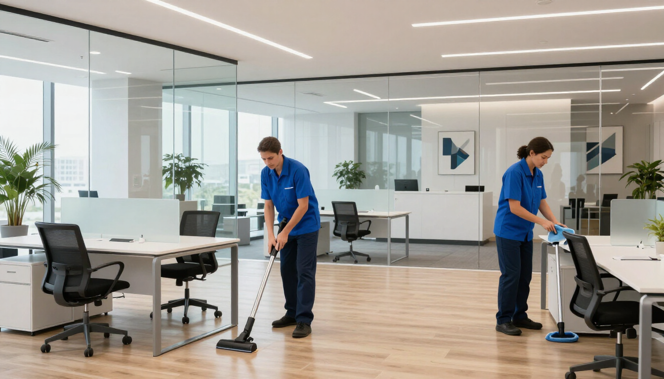 Professional commercial cleaning team working in a modern office lobby.