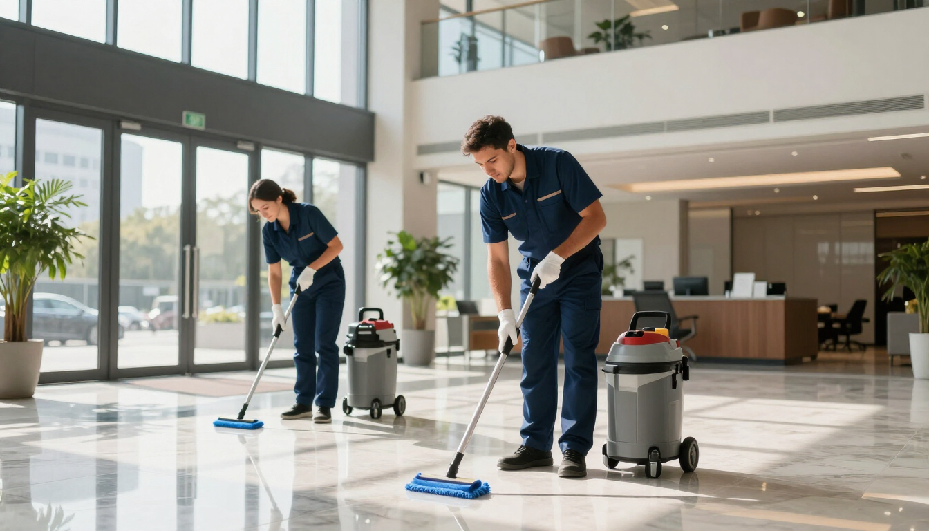 Professional cleaning team in a modern office