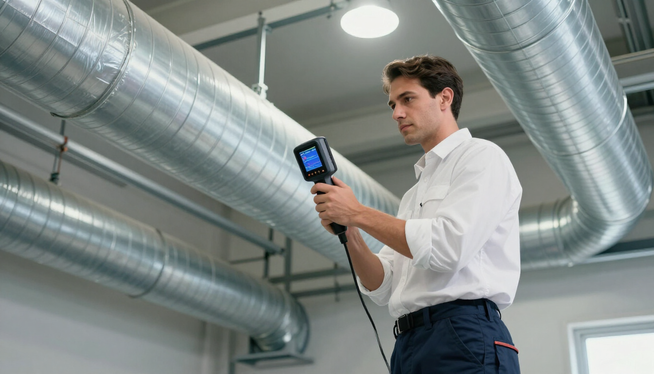 Technician inspecting air ducts