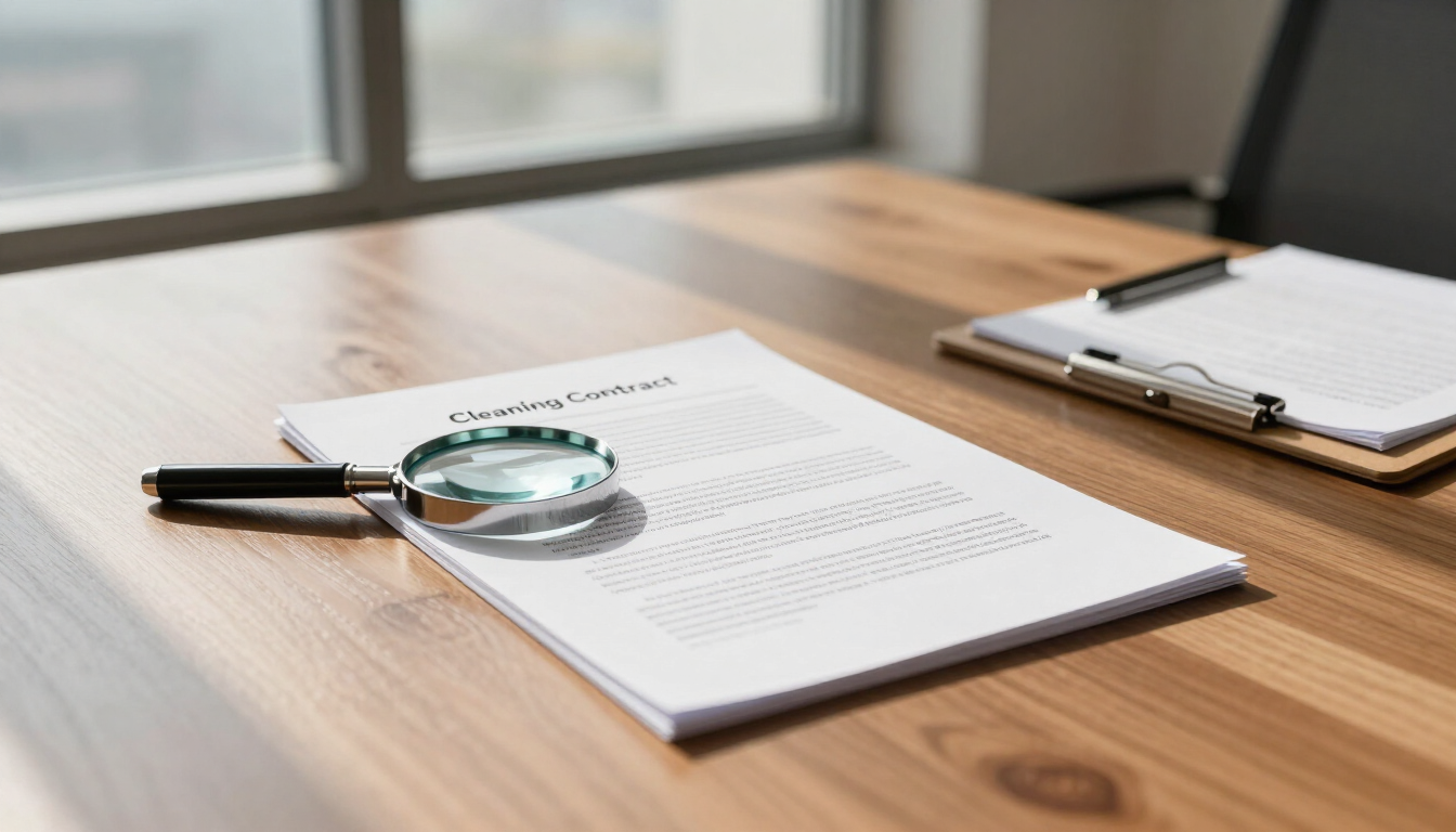 Commercial cleaning contract checklist on a professional office desk with a pen.
