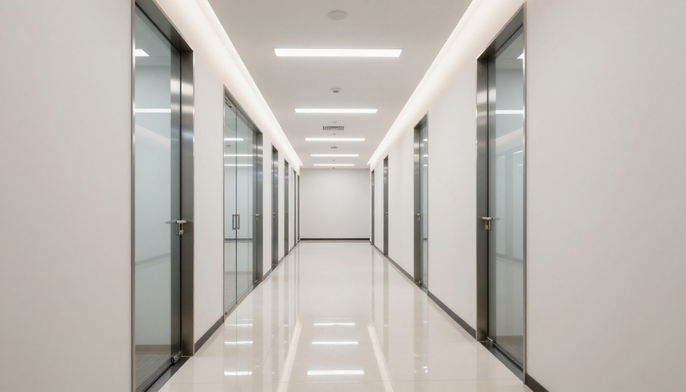 A clean and shiny modern office hallway